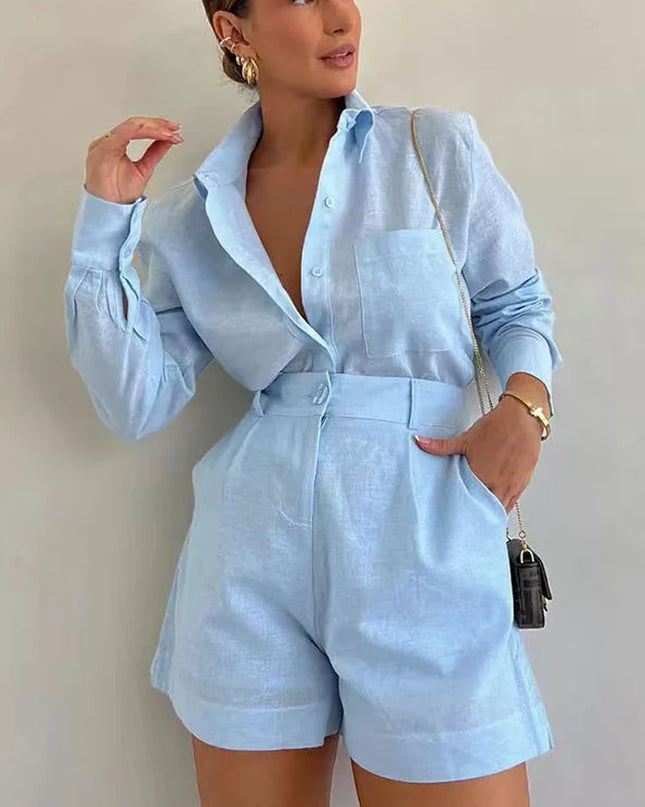 Women’s Two-Piece Long Sleeve Casual Button-Down Shirt and Shorts Set