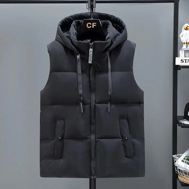 Men's Thickened Waterproof Hooded Vest Jacket with Detachable Hat