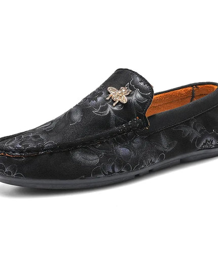 Men's Flower-Printed Faux Leather Slip-On Loafers - Stylish and Comfortable Men's Shoes