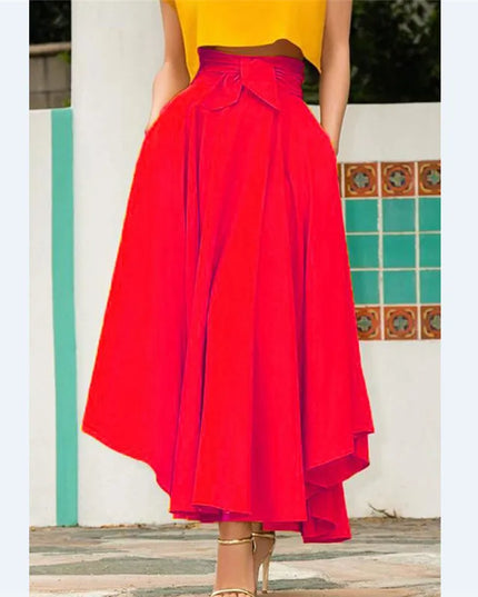 Elegant Women's Bow Tie Skirt with High Waist, Elastic Waist, and Pleated Design