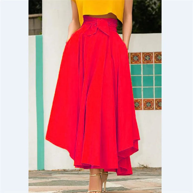 Elegant Women's Bow Tie Skirt with High Waist, Elastic Waist, and Pleated Design