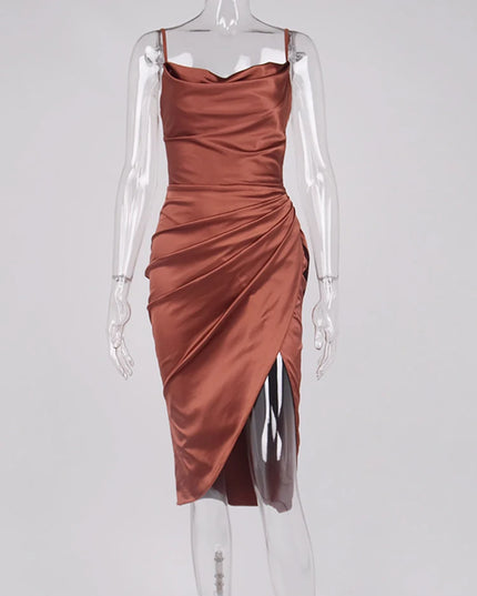 Elegant Satin Split Dress with Spaghetti Straps, Ruched High-Waist