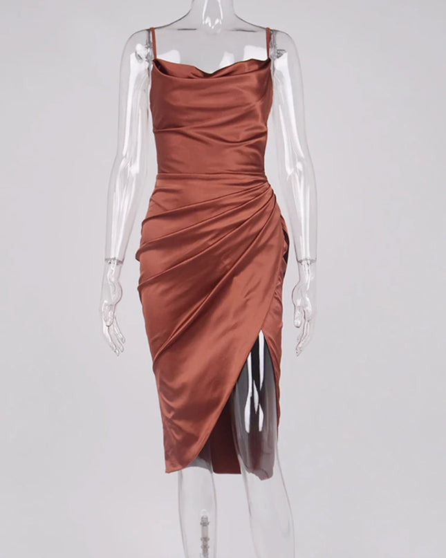 Elegant Satin Split Dress with Spaghetti Straps, Ruched High-Waist