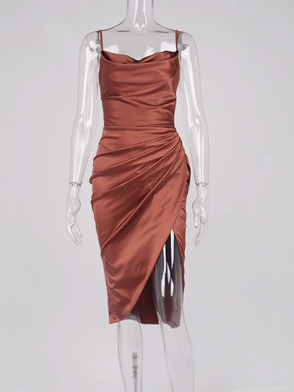 Elegant Satin Split Dress with Spaghetti Straps, Ruched High-Waist