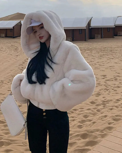 Women's Cropped Hooded Faux Fur Coat