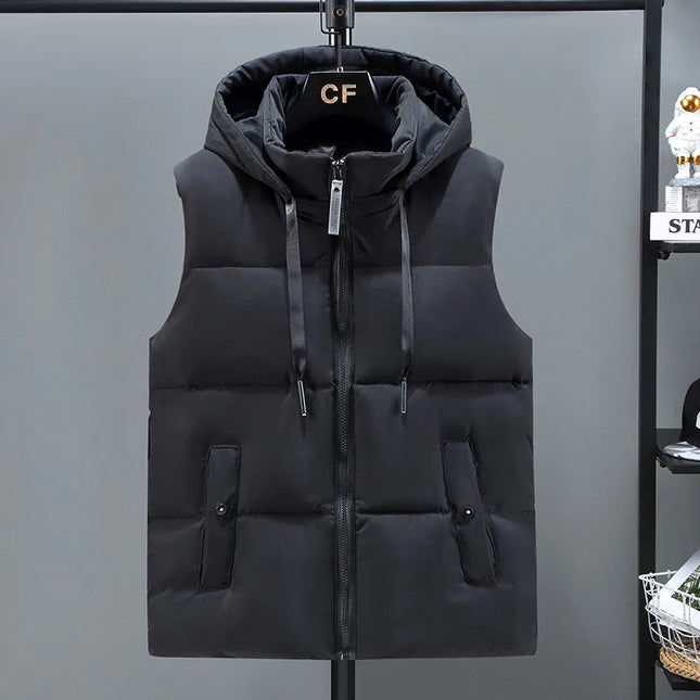 Men's Thickened Waterproof Hooded Vest Jacket with Detachable Hat