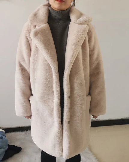Women's Thick Faux Fur Long Overcoat with Turn-Down Collar