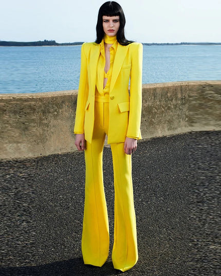 Women's Two-Piece Blazer and Flare Pants Set with Single Button Detail