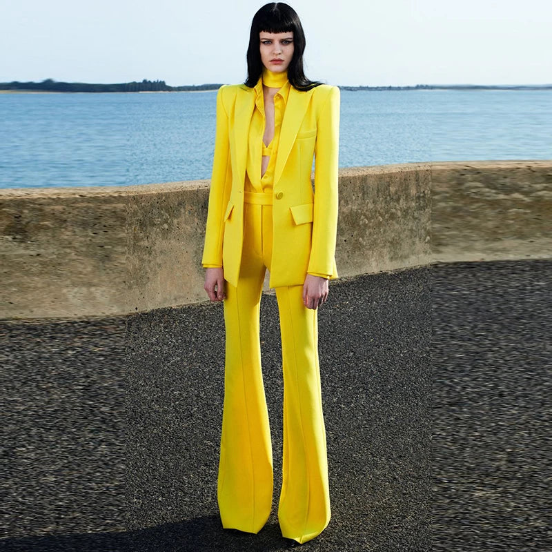 Women's Two-Piece Blazer and Flare Pants Set with Single Button Detail