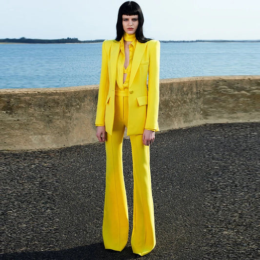 Women's Two-Piece Blazer and Flare Pants Set with Single Button Detail