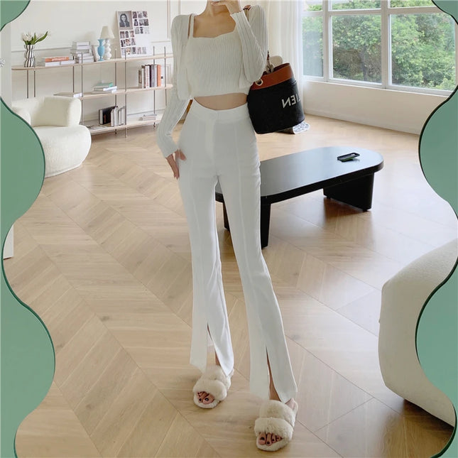 Women's High Waist Slim Fit Micro-Flared Pants - Casual Wide Leg with Split Design