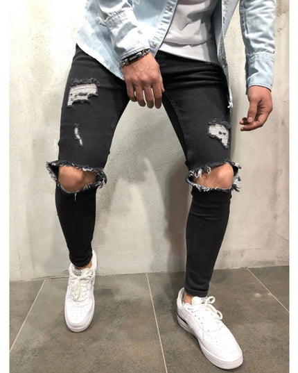 Men's Ripped Slim Fit Denim Jeans - Casual Slim Fit Pencil Pants for Men