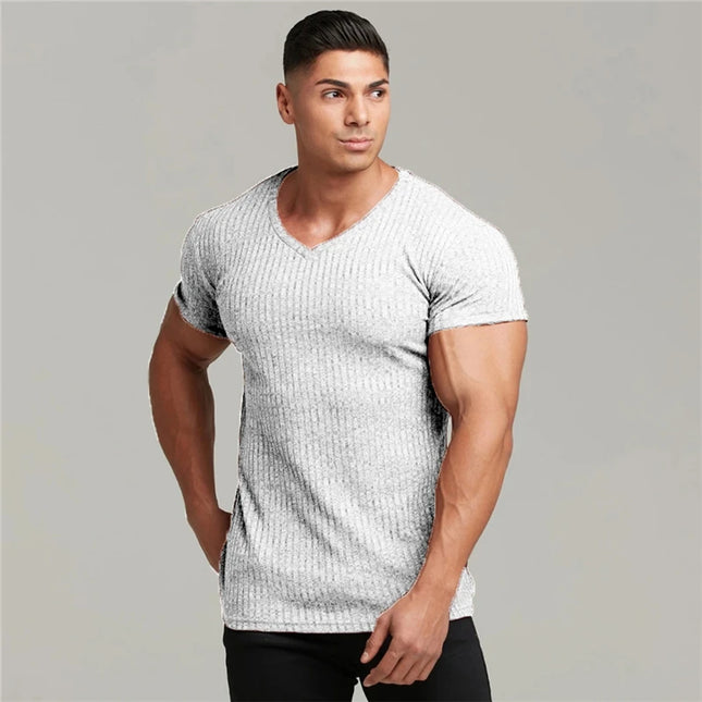 Men's V/O-Neck Short Sleeve T-Shirt - Slim Fit, Knitted, Perfect for Fitness