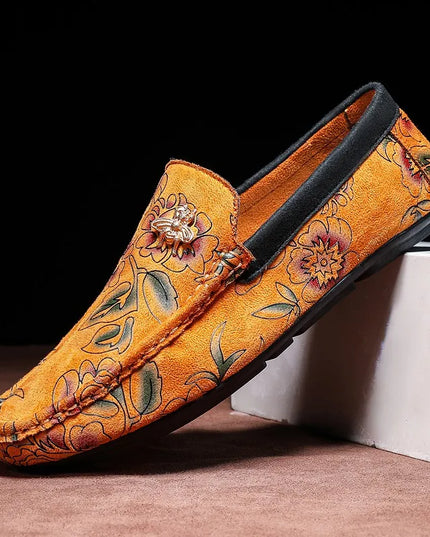 Men's Flower-Printed Faux Leather Slip-On Loafers - Stylish and Comfortable Men's Shoes