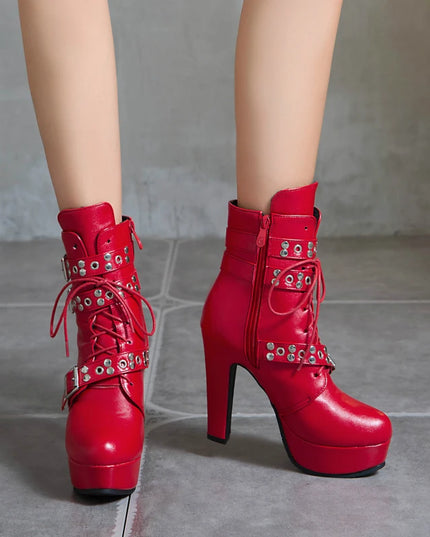 Women's Lace-Up Platform Ankle Boots with High Heels