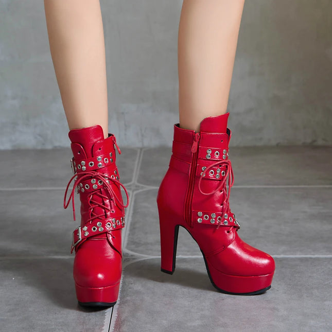 Women's Lace-Up Platform Ankle Boots with High Heels