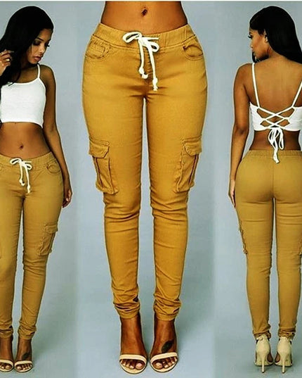 Elastic Skinny Pencil Pants for Women with High Waist and Cargo Style