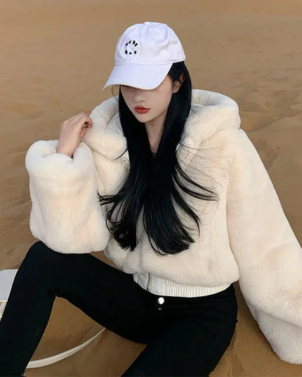 Women's Cropped Hooded Faux Fur Coat