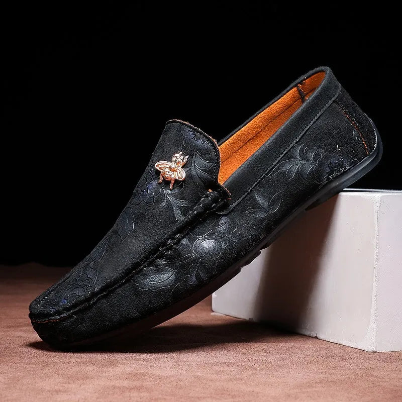 Men's Flower-Printed Faux Leather Slip-On Loafers - Stylish and Comfortable Men's Shoes