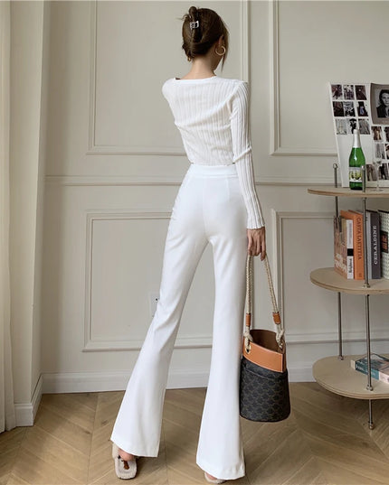 Women's High Waist Slim Fit Micro-Flared Pants - Casual Wide Leg with Split Design