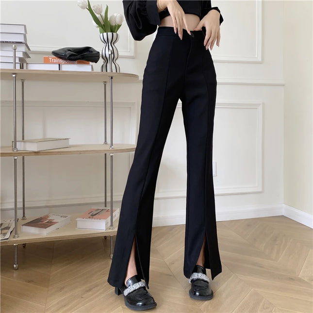 Women's High Waist Slim Fit Micro-Flared Pants - Casual Wide Leg with Split Design