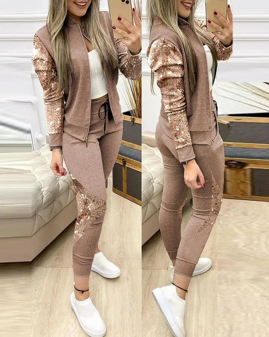 Women's Striped Leisure Sports Two-Piece Set: Comfortable Zipper Top & Pants