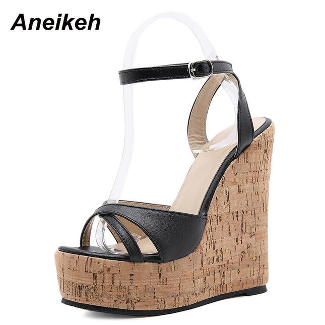Aneikeh Women's PU Platform Buckle Heels with Woven Slope Design