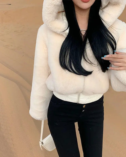 Women's Cropped Hooded Faux Fur Coat