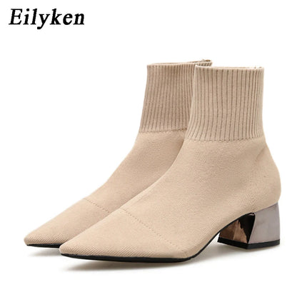 Women's Square Toe Mesh High Heel Boots - Breathable Stretch Style