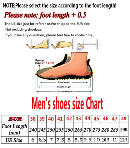 Men's shoes size chart with foot length measurement guide