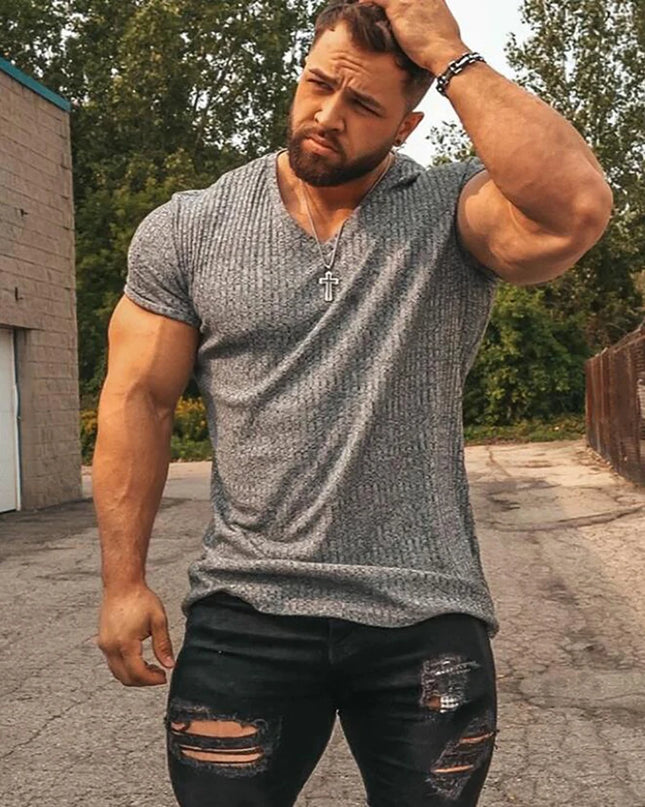 Men's V/O-Neck Short Sleeve T-Shirt - Slim Fit, Knitted, Perfect for Fitness