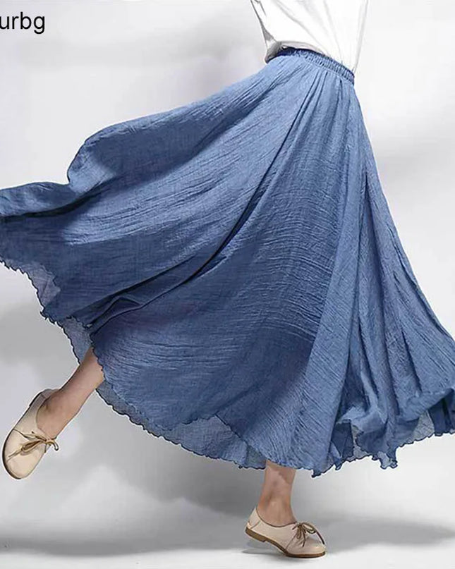 Women's Elegant High-Waisted Linen Maxi Skirt with Elastic Waist