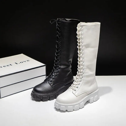 Women's Knee-High PU Leather Lace-Up Long Boots