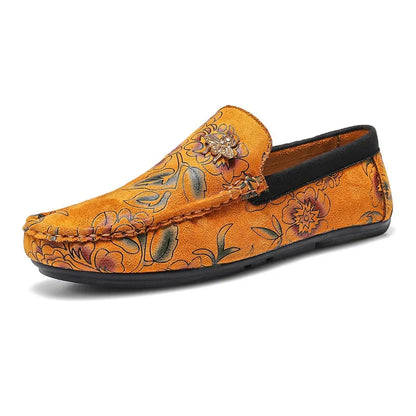 Men's Flower-Printed Faux Leather Slip-On Loafers - Stylish and Comfortable Men's Shoes
