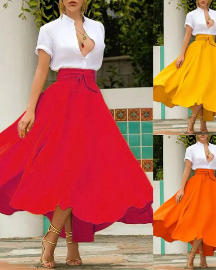 Elegant Women's Bow Tie Skirt with High Waist, Elastic Waist, and Pleated Design