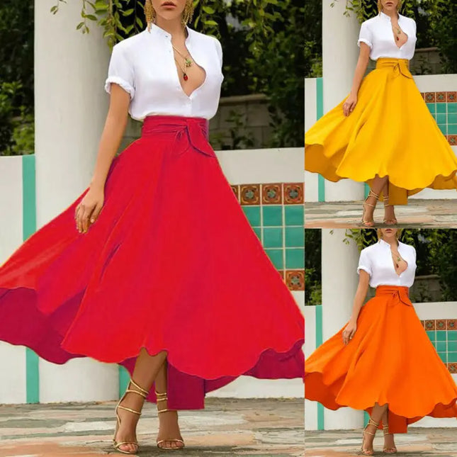 Elegant Women's Bow Tie Skirt with High Waist, Elastic Waist, and Pleated Design