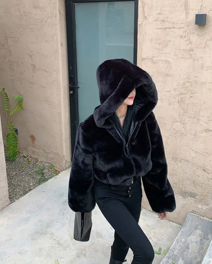 Women's Cropped Hooded Faux Fur Coat