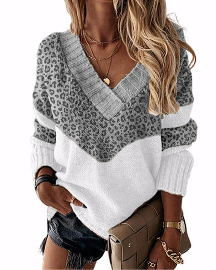 Women's Knitted Sweater with Color Panel and Cut-Out Neckline