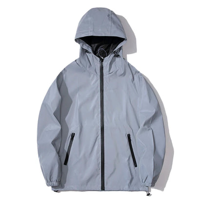 Men's Waterproof Windbreaker Jacket - Reflective Hooded Zipper Jacket for Enhanced Visibility