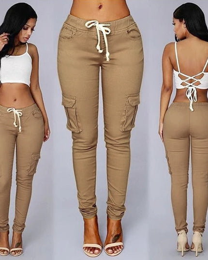 Elastic Skinny Pencil Pants for Women with High Waist and Cargo Style