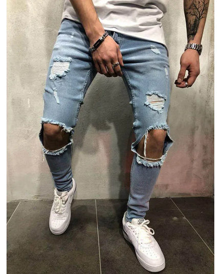 Men's Ripped Slim Fit Denim Jeans - Casual Slim Fit Pencil Pants for Men