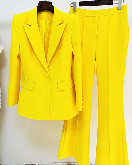Women's Two-Piece Blazer and Flare Pants Set with Single Button Detail
