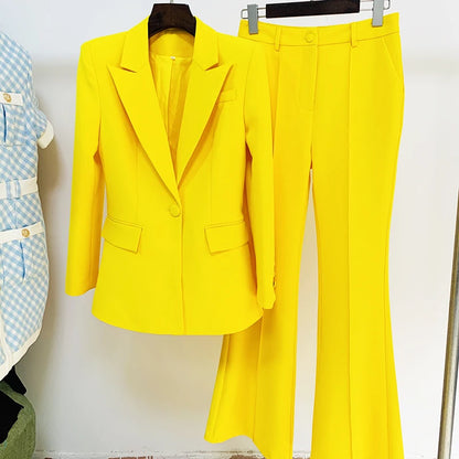 Women's Two-Piece Blazer and Flare Pants Set with Single Button Detail