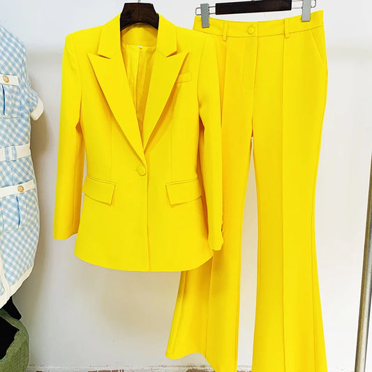 Women's Two-Piece Blazer and Flare Pants Set with Single Button Detail