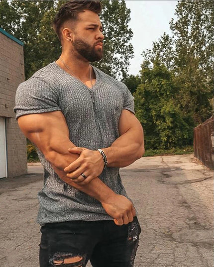 Men's V/O-Neck Short Sleeve T-Shirt - Slim Fit, Knitted, Perfect for Fitness