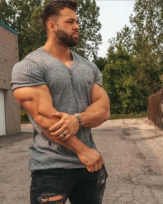 Men's V/O-Neck Short Sleeve T-Shirt - Slim Fit, Knitted, Perfect for Fitness