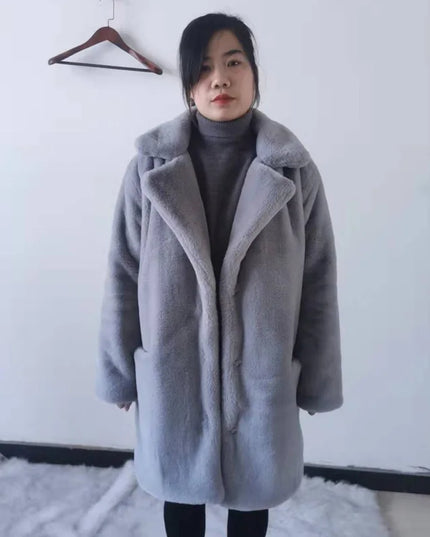 Women's Thick Faux Fur Long Overcoat with Turn-Down Collar