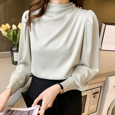 Elegant Women's Satin-Feel Lantern Sleeve Blouse