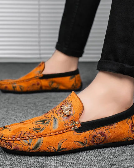 Men's Flower-Printed Faux Leather Slip-On Loafers - Stylish and Comfortable Men's Shoes