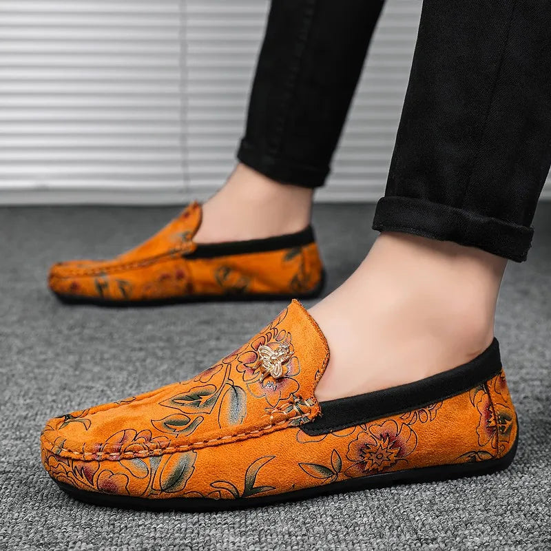 Men's Flower-Printed Faux Leather Slip-On Loafers - Stylish and Comfortable Men's Shoes